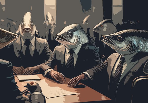 A computer-generated image depicting several herring wearing suits with large shoulder pads.